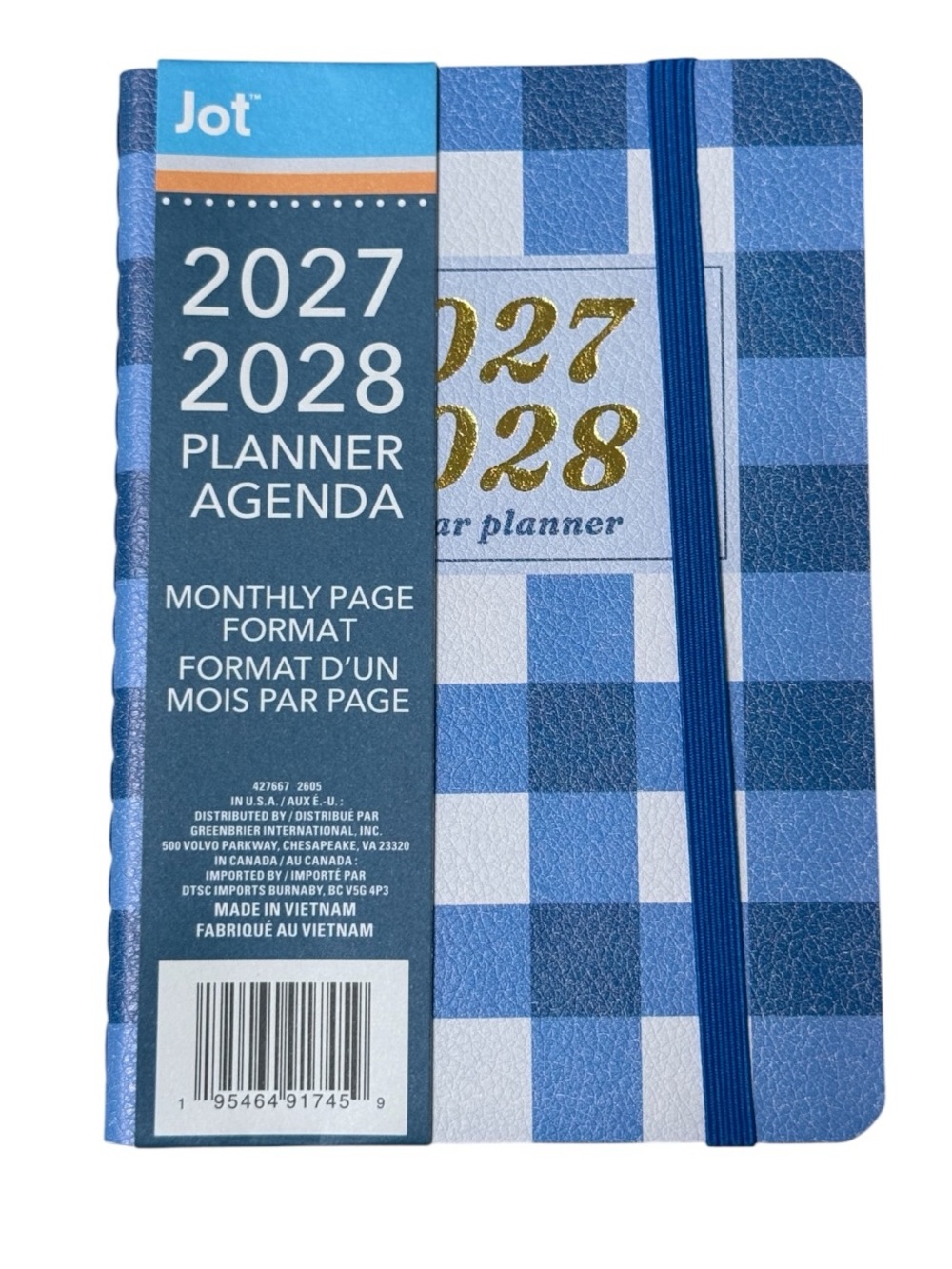 Blue Plaid 2027-2028 Gold Embossed Monthly Reference Pocket Planner Calendar NWT